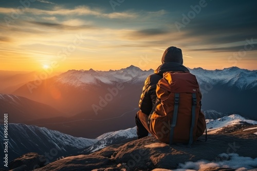A person's sitting on the hight moutain winter, sunrise. Generative AI. photo