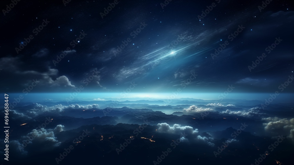 Horizon of Earth  in the universe, illuminated in the darkness of space.