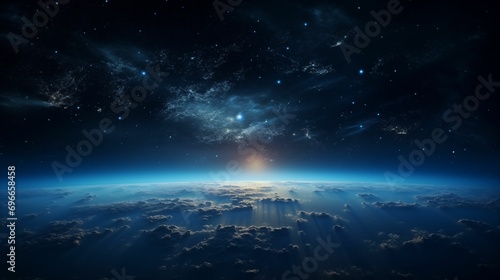 Horizon of Earth in the universe, illuminated in the darkness of space.