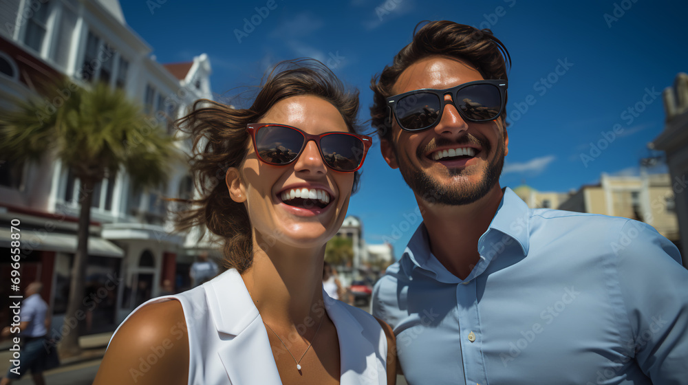 Stylish couple - low angle shot - vacation - holiday - getaway - trip travel - southern coastal city - extreme blue skies - quirky and eccentric charm - fashion photography 