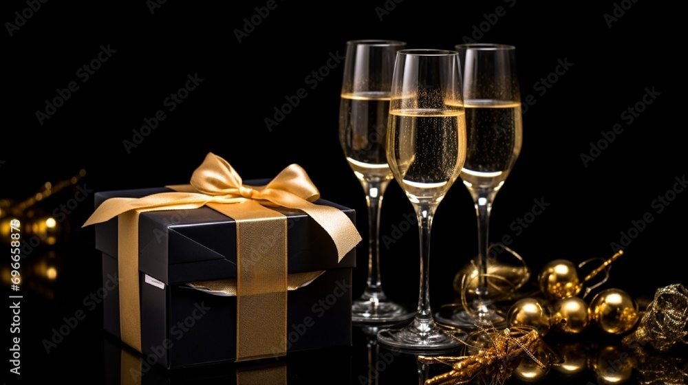 Small golden gift boxes inside champagne glasses on the black background. Small golden gift boxes inside champagne glasses on the black background.