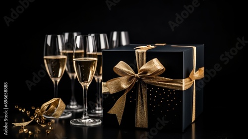 Small golden gift boxes inside champagne glasses on the black background.