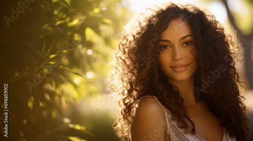 Image of a beautiful young woman with dark, curly hair.