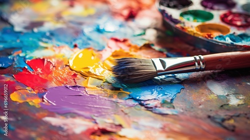 Image of a brush on a colorful palette.