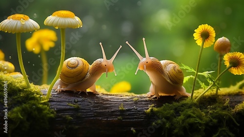 Snails macro photos on mushrooms in a tropical garden. photo