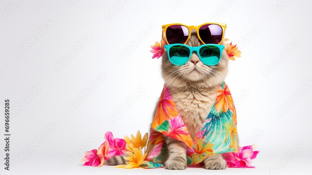  summer season concept with cat wearing summer cloth and sunglasses on white background