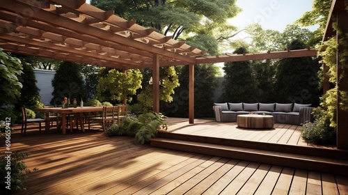 Spacious wooden deck with benches and attached pergola.