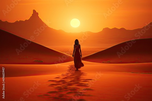 A woman walking through the desert towards the rising sun.