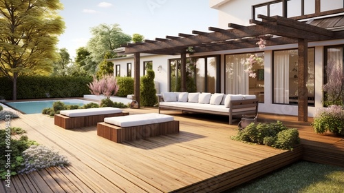 Foto Spacious wooden deck with benches and attached pergola.