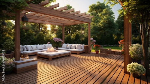 Spacious wooden deck with benches and attached pergola.