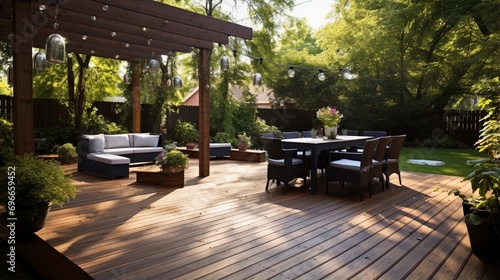 Spacious wooden deck with benches and attached pergola.