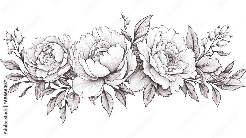 Flower vintage border. Vector peony and roses botanical