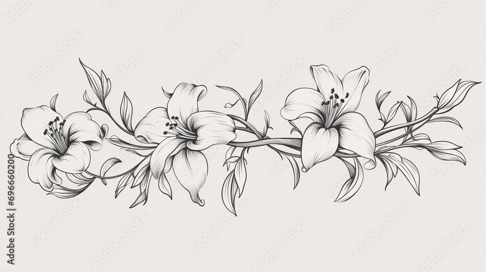 Hand drawn branches with lily isolated on background exotic design