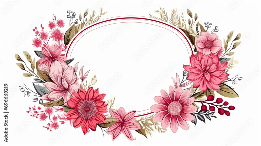 Hand drawn floral oval frame wreath on white background design drawing