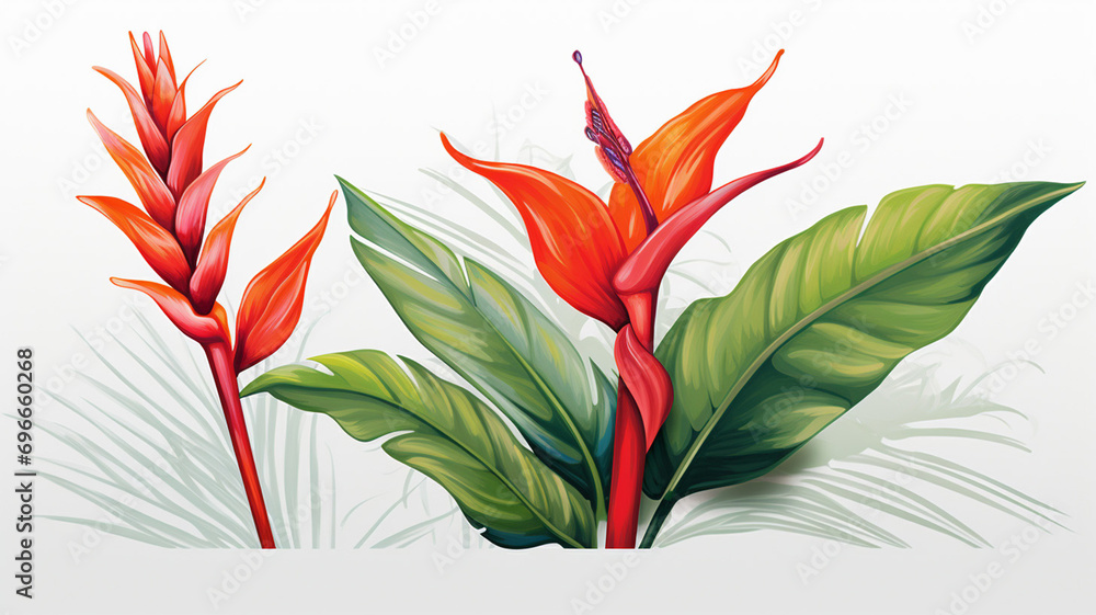 heliconia flower and leaves drawing illustration design - obrazy, fototapety, plakaty 