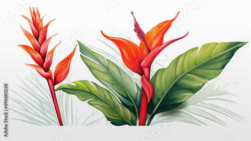 heliconia flower and leaves drawing illustration design photo