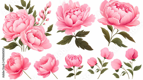Set of peonies with leaves. Floral elements design