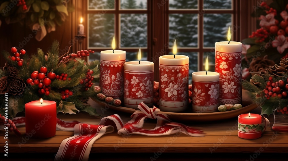 Image of candles decorated with Christmas patterns.