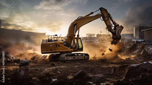 Excavator Delving Deep into the Ground, Preparing for the Construction and Building