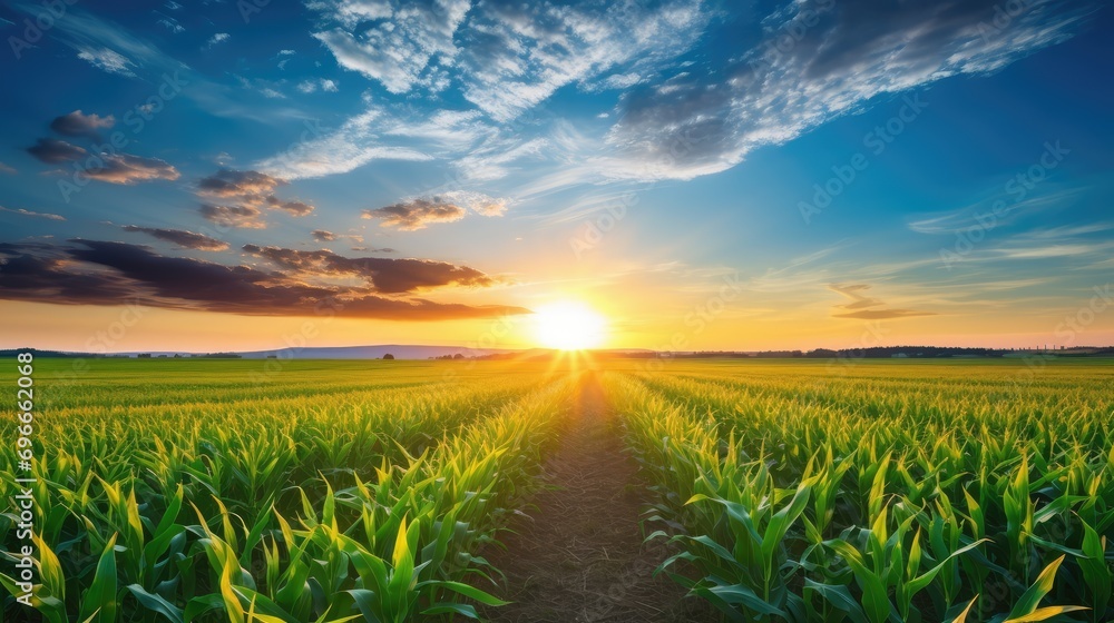 Sunrise beauty over corn field, agricultural background. Sunset over corn field