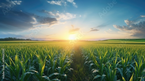 Sunrise beauty over corn field, agricultural background. © Tirtonirmolo