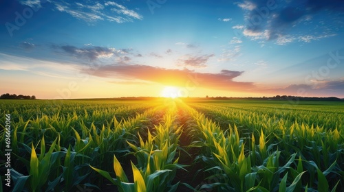 Sunrise beauty over corn field, agricultural background. Sunset over corn field
