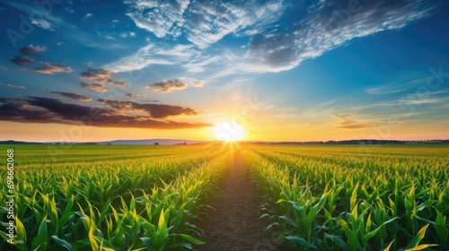 Sunrise beauty over corn field, agricultural background. Sunset over corn field © Tirtonirmolo