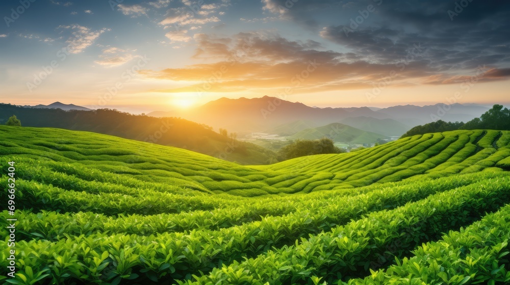 Sunset beauty over tea field with blue sky, agricultural background 
