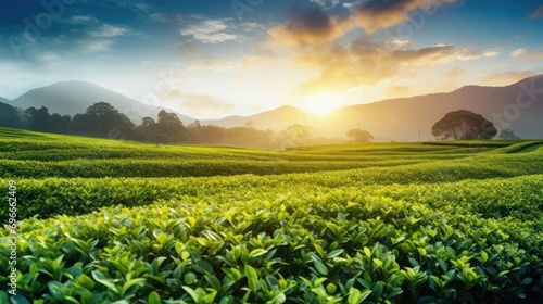 Sunset beauty over tea field with blue sky  agricultural background 