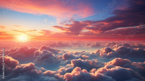 Sunset, sunrise, sky with clouds at twilight, over the clouds, blue clouds, pastel colors, sky background. © Tirtonirmolo