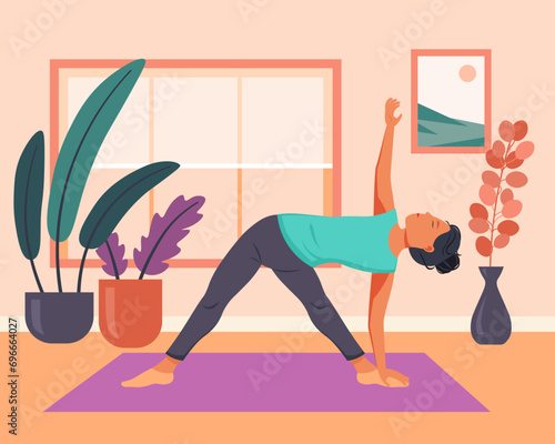 Woman practicing yoga at home vector illustration. Woman doing exercises on yoga mat. Interior of modern apartment. Healthy mind, healthy lifestyle, meditation concept.