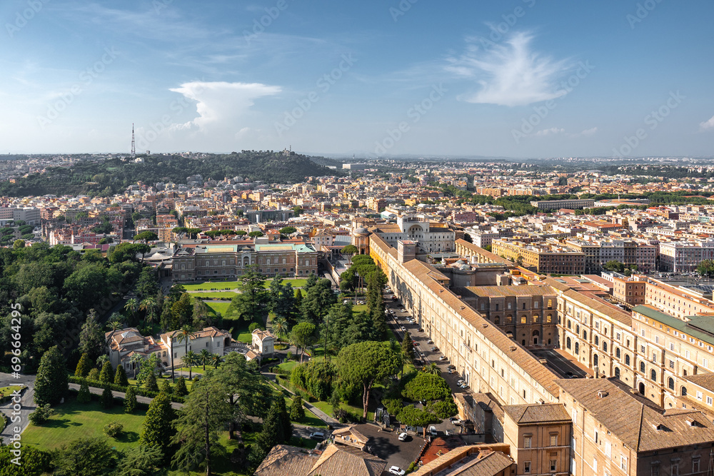 Aerial view of Vatican museums and gardens in Vatican City surrounded by Rome, Italy