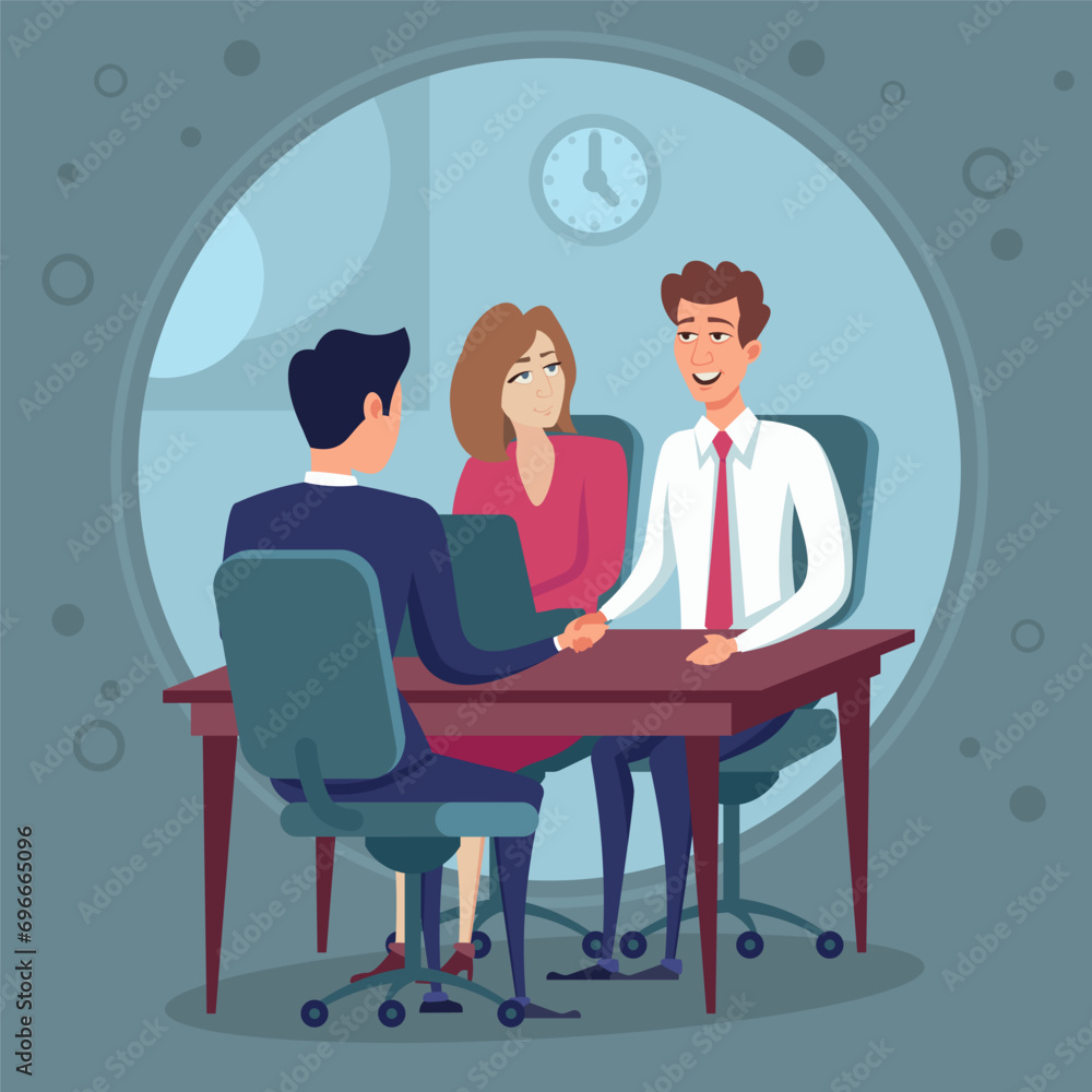 Business men shaking hands vector illustration. Business people sitting at desk, discussing new project. Partnership, startup, agreement, business meeting concept