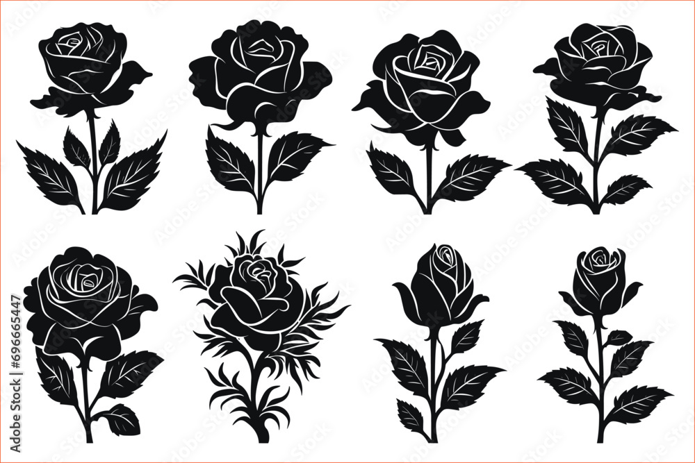 Rose flower Silhouettes set, Rose flowers Collection, Silhouettes of roses, Flower silhoutte. Vector illustration	