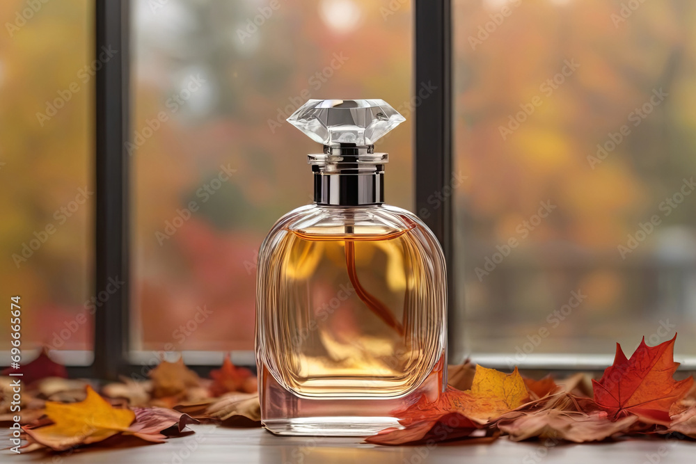 Capture elegance transparent perfume bottle on windowsill, framed by vibrant fall leaves. Luxury fragrance meets nature's beauty in this presentation. Capture elegance transparent perfume bottle on windowsill, framed by vibrant fall leaves. Luxury fragrance meets nature's beauty in this presentation.