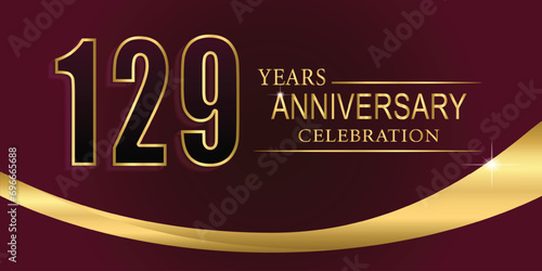 129th Year anniversary celebration background. Golden lettering and a gold ribbon on dark maroon background,vector design for celebration, invitation card, and greeting card.