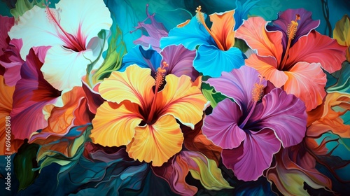 A symphony of hibiscus blooms  each a vibrant splash of color amidst lush greenery.