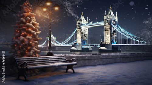 A winter landscape of benches and street lamps near Tower Bridge in London,.