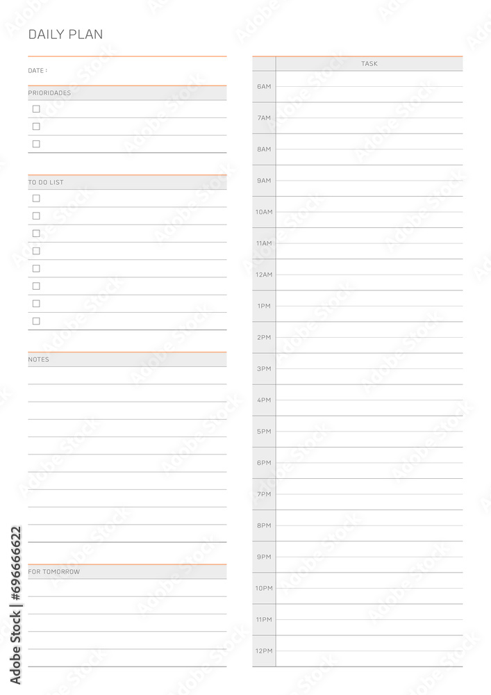A daily plan design template in a modern, simple, and minimalist style. Note, scheduler, diary, calendar, planner document template illustration. A daily plan design template in a modern, simple, and minimalist style. Note, scheduler, diary, calendar, planner document template illustration.