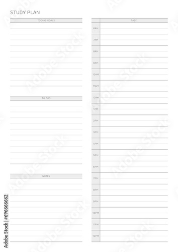 This is a simple, minimal style study plan design template. Note, scheduler, diary, calendar, planner document template illustration.