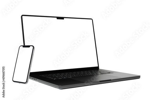 Laptop and smart phone with blank screen isolated on transparent background with clipping path.