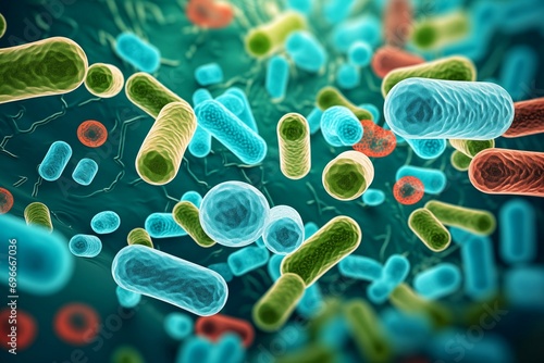 Micro-organisms bacteria germs virus floating on a dark background illustration photo