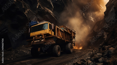 Mine Trucks Transporting and Loading Valuable Ore in the Mine Area photo