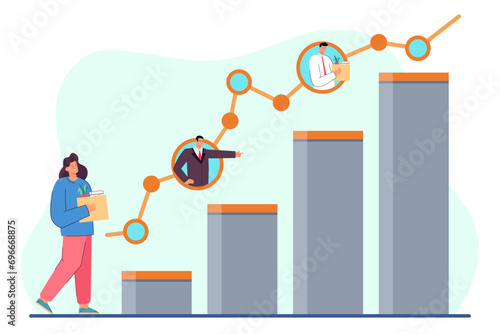 Bar chart with rising unemployment level vector illustration. Woman and man with carton boxes leaving office. Executive manager firing employees. Job cuts, dismissal of worker concept