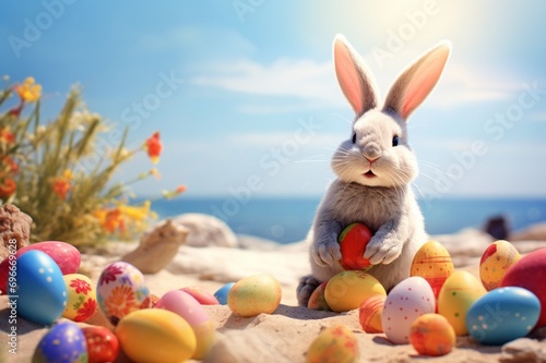 Whimsical moment of a plush bunny and colorful Easter eggs enjoying the beach atmosphere, bathed in the radiant sunlight of a cheerful and festive day.