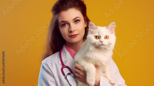 Beautiful young female veterinarian with a cat on a yellow background. Vet clinic. Generative AI