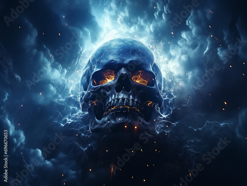 Smoked Skull Cloud Calamity Concept and Scary Abstract Digital Cloud Skull Image on a Blue Background