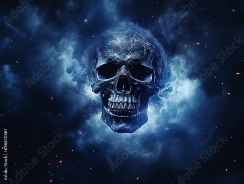 Smoked Skull Cloud Calamity Concept and Scary Abstract Digital Cloud Skull Image on a Blue Background