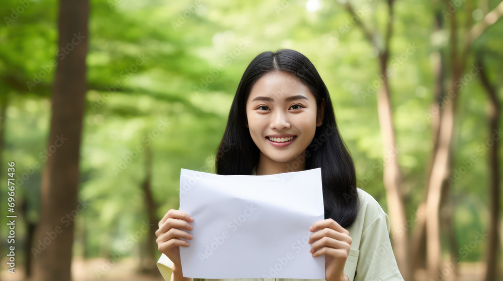 A Portrait of a young Thai woman smiling happily holding a piece of paper with a green recycling sign over a beautiful natural forest background. environment and sustainability, loving the earth. A Portrait of a young Thai woman smiling happily holding a piece of paper with a green recycling sign over a beautiful natural forest background. environment and sustainability, loving the earth.
