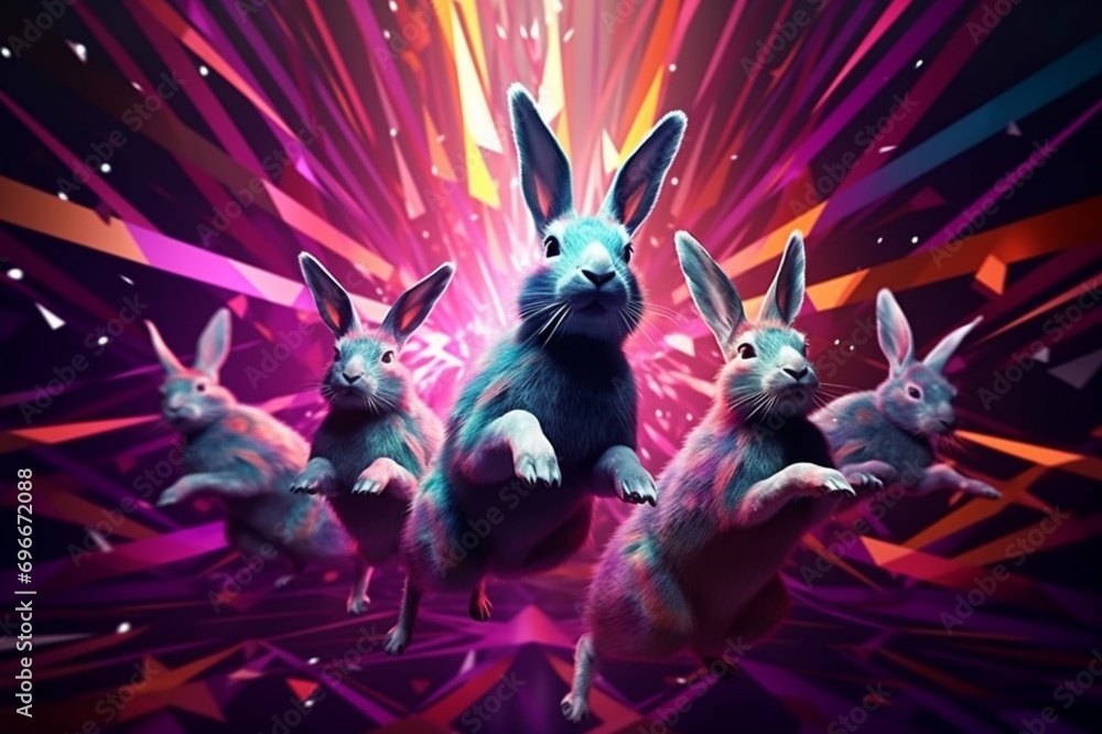 Immerse yourself in the energetic dance of rabbits in a collection portrayed with modern, trendy geometric finesse, capturing the essence of dynamic movement. Immerse yourself in the energetic dance of rabbits in a collection portrayed with modern, trendy geometric finesse, capturing the essence of dynamic movement.